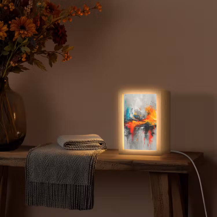 Modern - Oranje - Grijs - Kunst Light Box met kabel (Tafellamp) klein -sfeer4