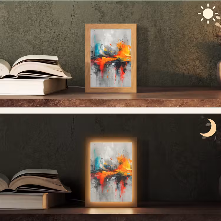 Modern - Oranje - Grijs - Kunst Light Box met kabel (Tafellamp) klein -sfeer3