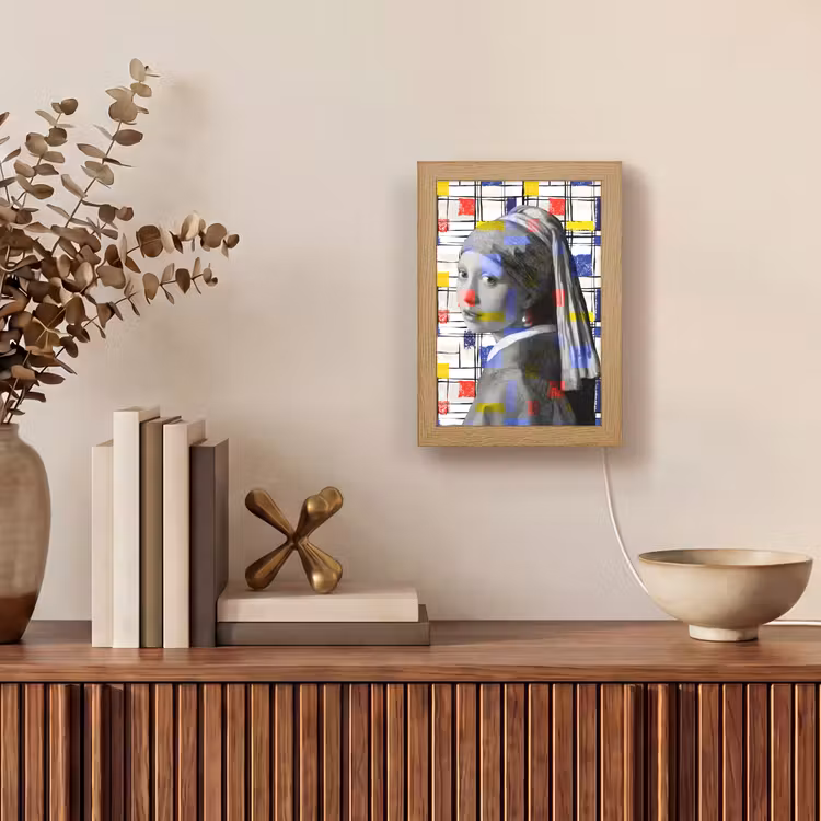 Mondriaan - Meisje met de parel - Collage Light Box met kabel (Tafellamp) klein -sfeer2
