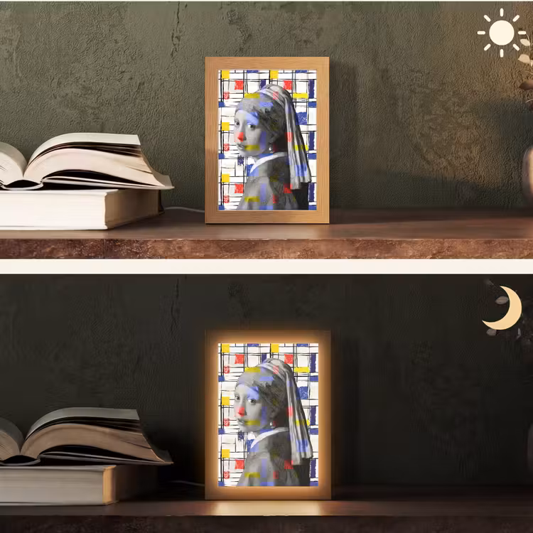 Mondriaan - Meisje met de parel - Collage Light Box met kabel (Tafellamp) klein -sfeer3