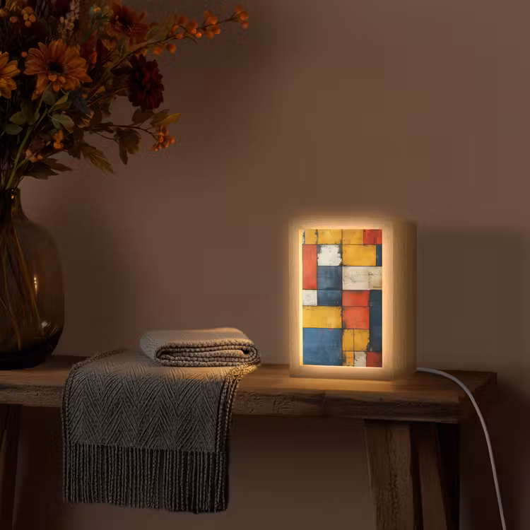 Mondriaan stijl - Kunst - Kleurrijk - Modern Light Box met kabel (Tafellamp) klein -sfeer4