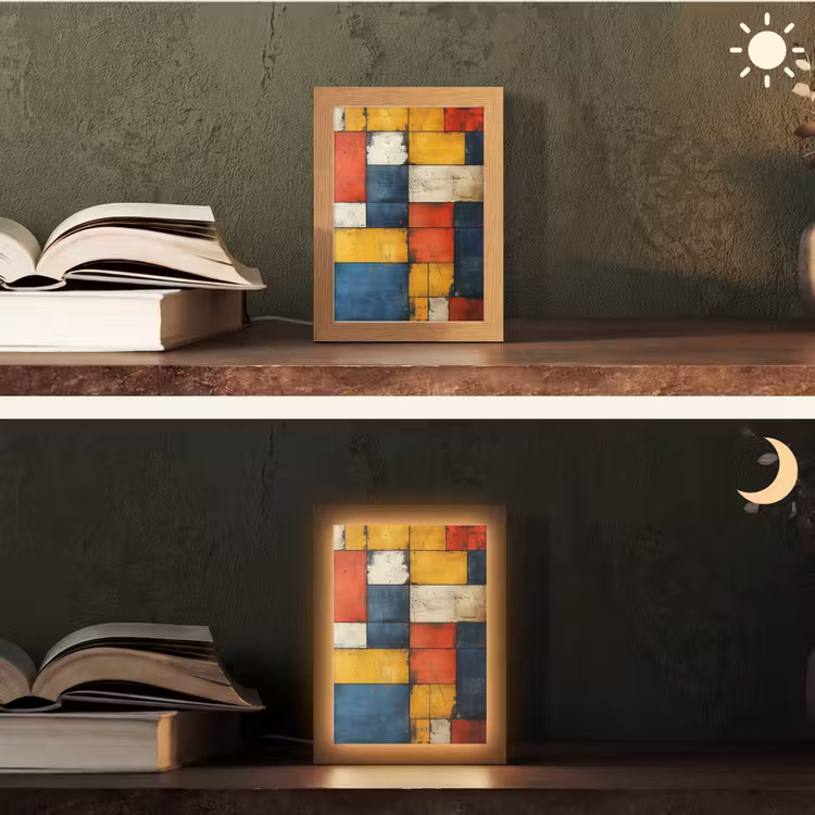 Mondriaan stijl - Kunst - Kleurrijk - Modern Light Box met kabel (Tafellamp) klein -sfeer3