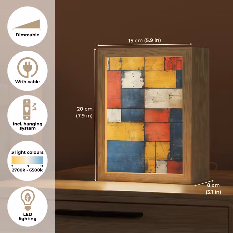 Mondriaan stijl - Kunst - Kleurrijk - Modern Light Box met kabel (Tafellamp) klein -USP_EN