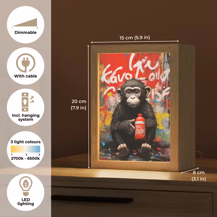 Aap - Graffiti - Dieren - Kunst - Flesje - Kleuren Light Box met kabel (Tafellamp) klein -USP_EN