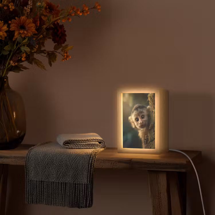 Aap - Boomstronk - Bruin Light Box met kabel (Tafellamp) klein -sfeer4