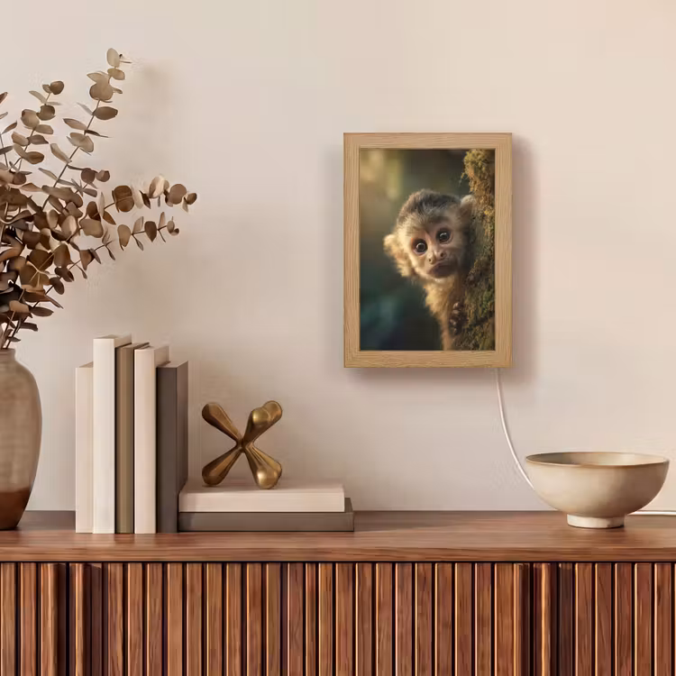 Aap - Boomstronk - Bruin Light Box met kabel (Tafellamp) klein -sfeer2
