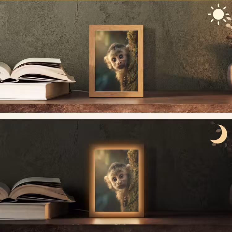 Aap - Boomstronk - Bruin Light Box met kabel (Tafellamp) klein -sfeer3