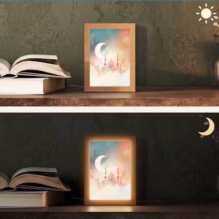 Moskee - Kleurrijke wolken - Arabisch - Ramadan - Islamitische Light Box met kabel (Tafellamp) klein -sfeer3