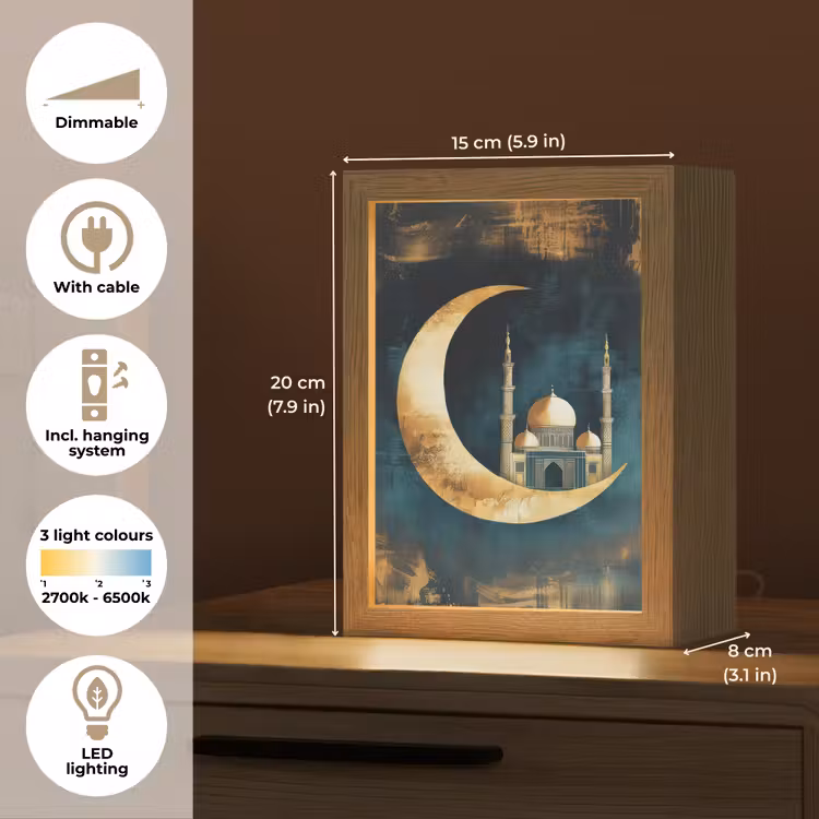 Moskee - Halve maan - Goud - Ramadan - Islamitische Light Box met kabel (Tafellamp) klein -USP_EN