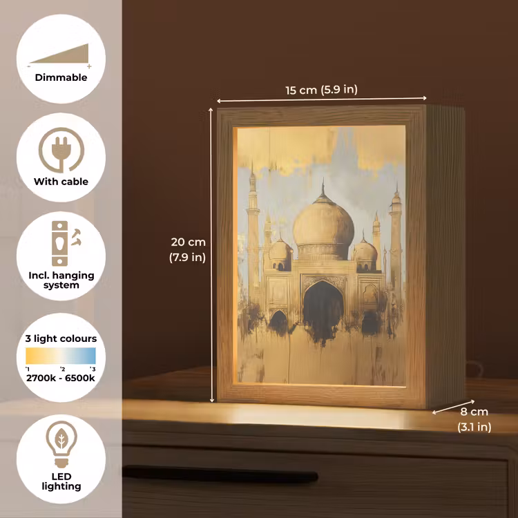 Moskee - Goud - Arabisch - Ramadan - Islamitische Light Box met kabel (Tafellamp) klein -USP_EN