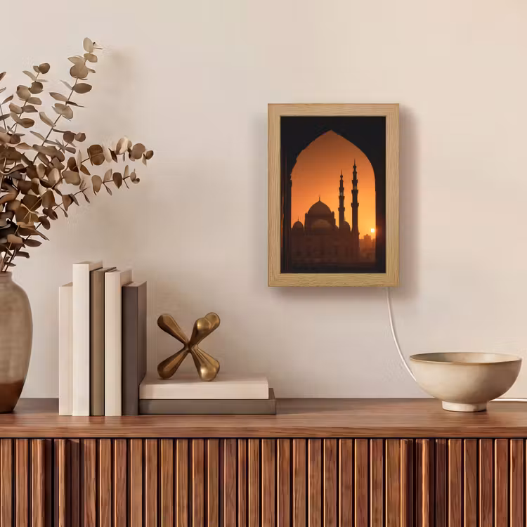 Moskee - Oranje lucht - Islamitisch Light Box met kabel (Tafellamp) klein -sfeer2