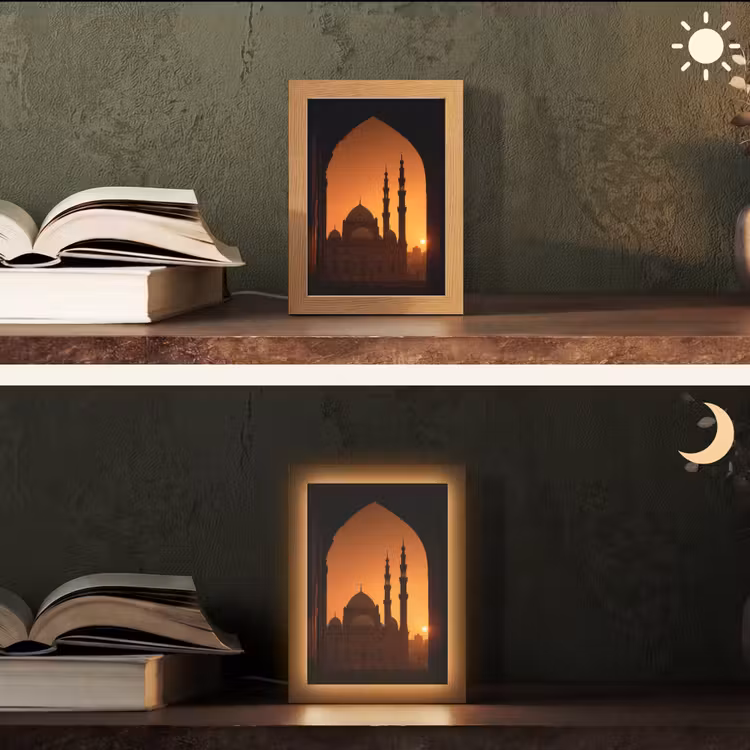 Moskee - Oranje lucht - Islamitisch Light Box met kabel (Tafellamp) klein -sfeer3
