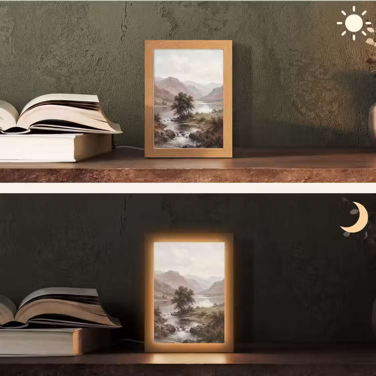 Berglandschap - Meer - Bergen - Vallei - Klassiek Light Box met kabel (Tafellamp) klein -sfeer3