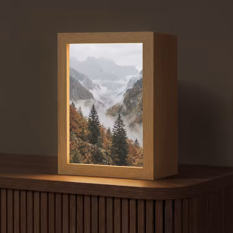 Bergen - Vallei - Mist - Herfst - Natuur Light Box met kabel (Tafellamp) klein -z3d_website