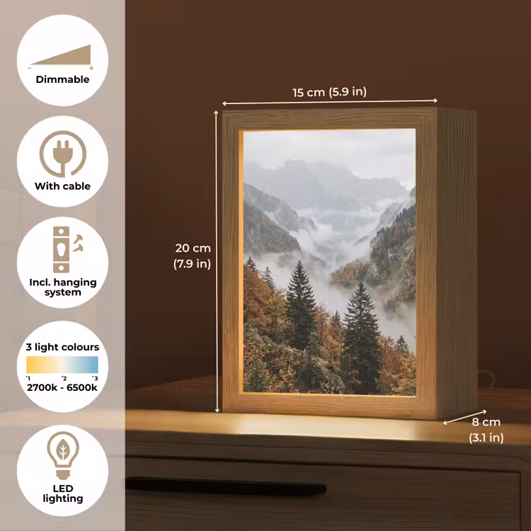 Bergen - Vallei - Mist - Herfst - Natuur Light Box met kabel (Tafellamp) klein -USP_EN
