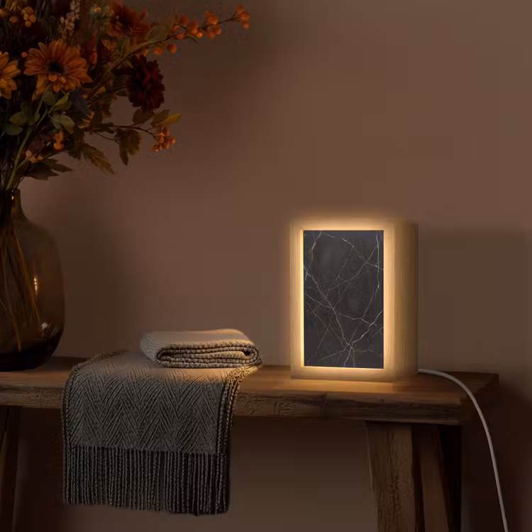 Natuursteen - Marmerpatroon - Abstract - Modern - Zwart - Goud Light Box met kabel (Tafellamp) klein -sfeer4
