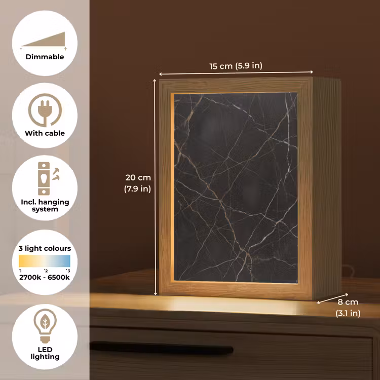 Natuursteen - Marmerpatroon - Abstract - Modern - Zwart - Goud Light Box met kabel (Tafellamp) klein -USP_EN