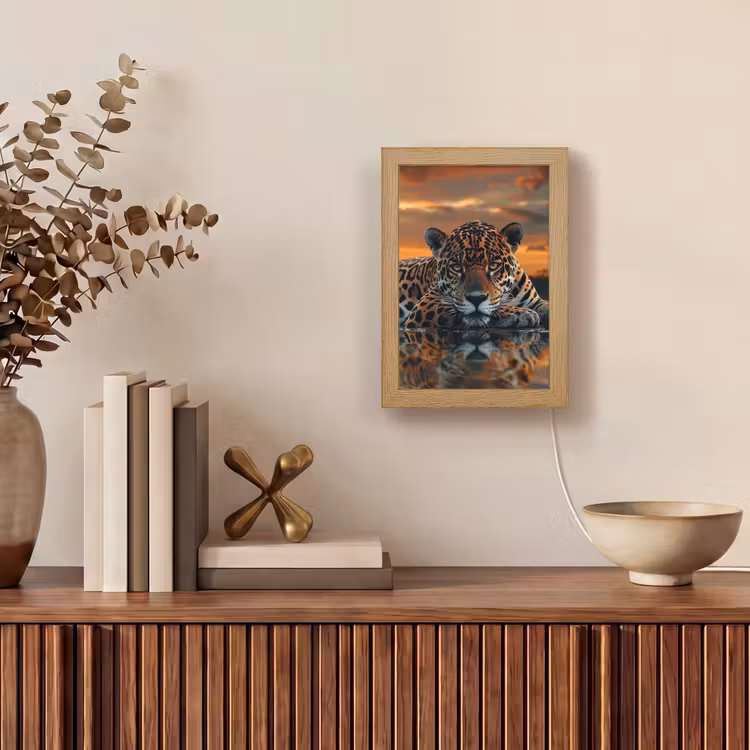 Natuur - Luipaard - Dier - Zonsondergang - Modern Light Box met kabel (Tafellamp) klein -sfeer2
