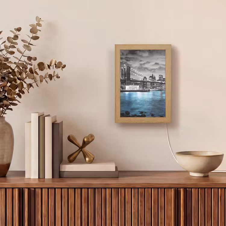 New York - Skyline - Stad - Blauw Light Box met kabel (Tafellamp) klein -sfeer2
