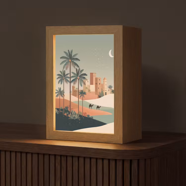 Nachtlandschap - Kamelen - Sterren - zandduinden Light Box met kabel (Tafellamp) klein -z3d_website