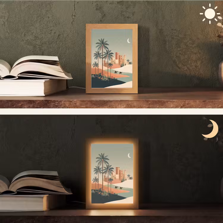 Nachtlandschap - Kamelen - Sterren - zandduinden Light Box met kabel (Tafellamp) klein -sfeer3