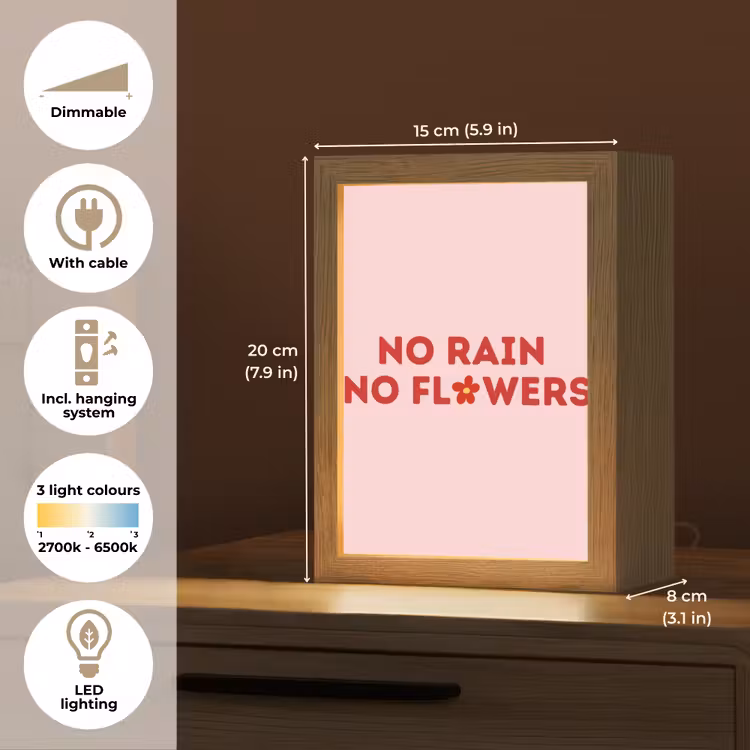 No rain no flowers - Minimalistisch - Roze - Bloem Light Box met kabel (Tafellamp) klein -USP_EN