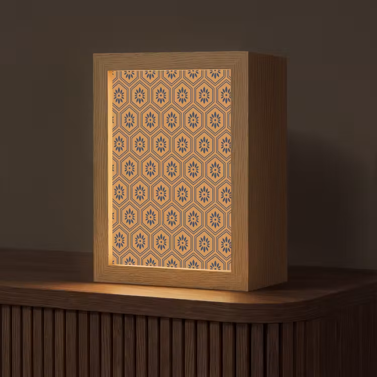 Okergeel - Patroon - Bloem - Donkerblauw Light Box met kabel (Tafellamp) klein 925 -z3d_website