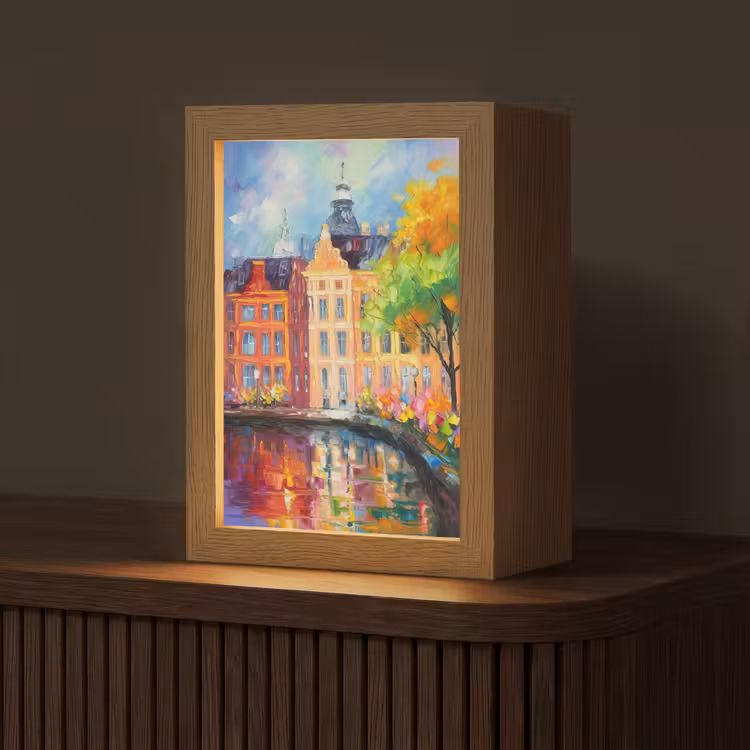 Olieverf - Amsterdam - Kunst - Kleurrijk Light Box met kabel (Tafellamp) klein -z3d_website
