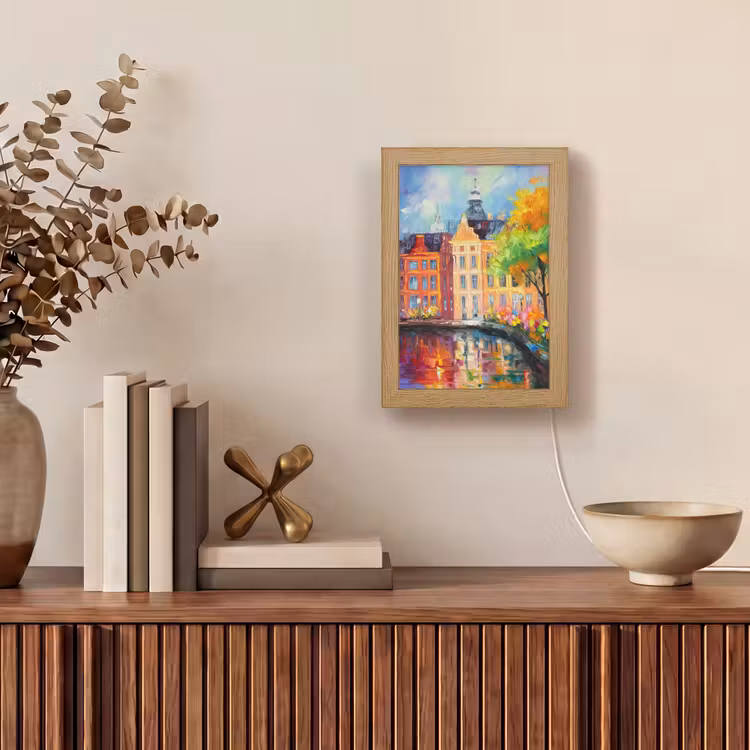 Olieverf - Amsterdam - Kunst - Kleurrijk Light Box met kabel (Tafellamp) klein -sfeer2