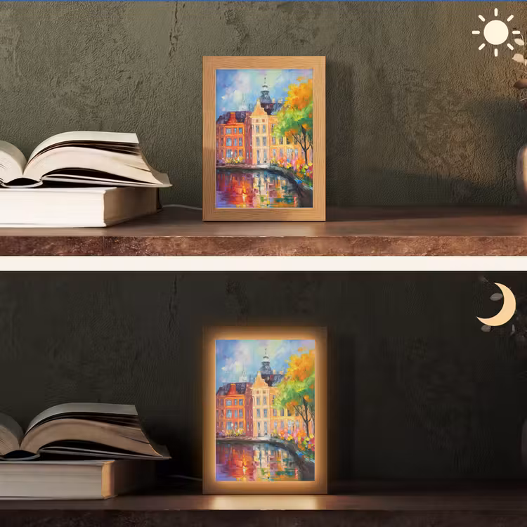 Olieverf - Amsterdam - Kunst - Kleurrijk Light Box met kabel (Tafellamp) klein -sfeer3