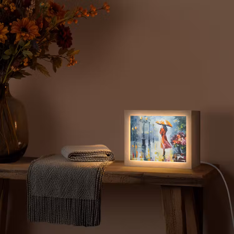 Olieverf - Paraplu - Vrouw - Straat - Kunst Light Box met kabel (Tafellamp) klein -sfeer4
