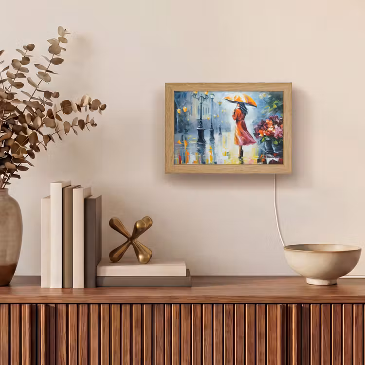 Olieverf - Paraplu - Vrouw - Straat - Kunst Light Box met kabel (Tafellamp) klein -sfeer2