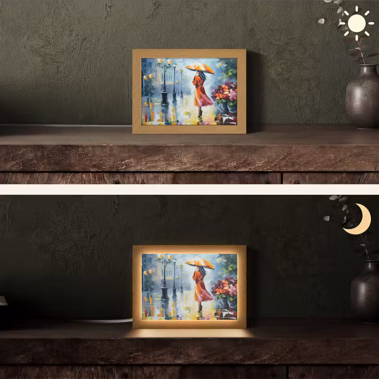 Olieverf - Paraplu - Vrouw - Straat - Kunst Light Box met kabel (Tafellamp) klein -sfeer3
