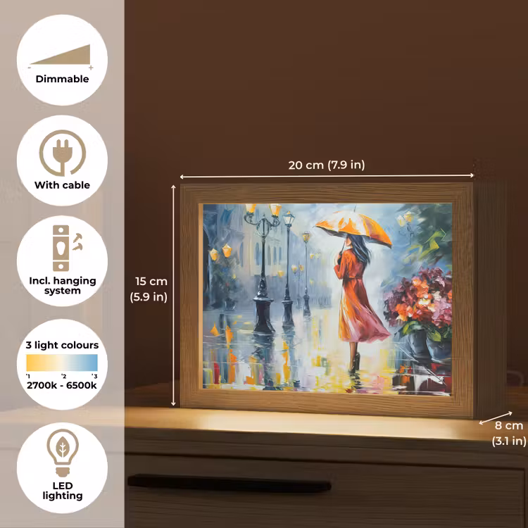 Olieverf - Paraplu - Vrouw - Straat - Kunst Light Box met kabel (Tafellamp) klein -USP_EN