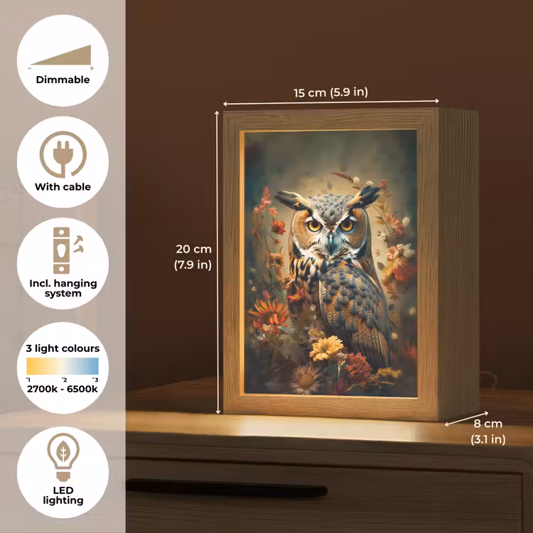 Uil - Vogel - Bloemen - Planten - Botanisch Light Box met kabel (Tafellamp) klein -USP_EN