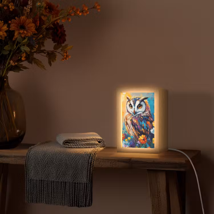 Uil - Bloemen - Kunst - Zonsondergang Light Box met kabel (Tafellamp) klein -sfeer4