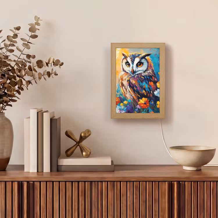 Uil - Bloemen - Kunst - Zonsondergang Light Box met kabel (Tafellamp) klein -sfeer2