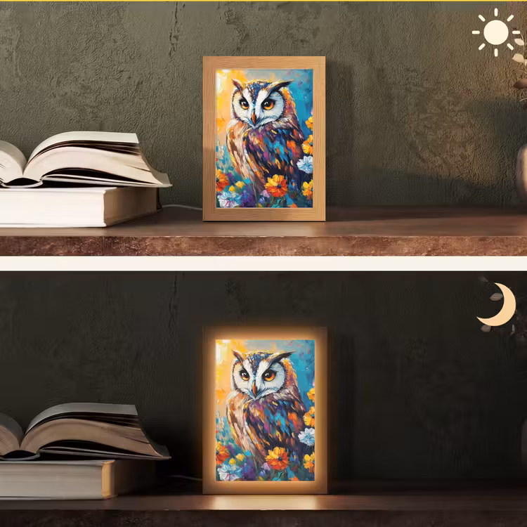 Uil - Bloemen - Kunst - Zonsondergang Light Box met kabel (Tafellamp) klein -sfeer3