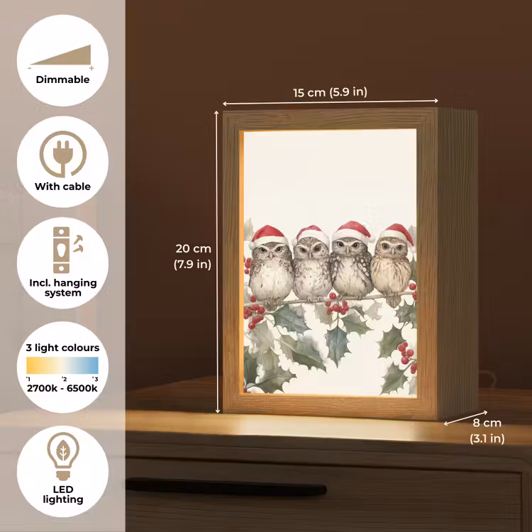 Uilen - Tak - Hulstblaadjes - Kerstmuts Light Box met kabel (Tafellamp) klein -USP_EN