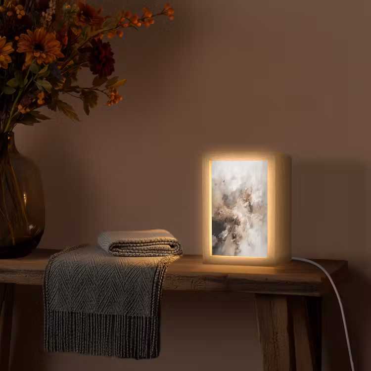 Verf - Abstract - Beige - Kunst Light Box met kabel (Tafellamp) klein -sfeer4
