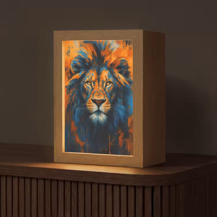 Schilderij - Leeuwenkop - Oranje Light Box met kabel (Tafellamp) klein -z3d_website