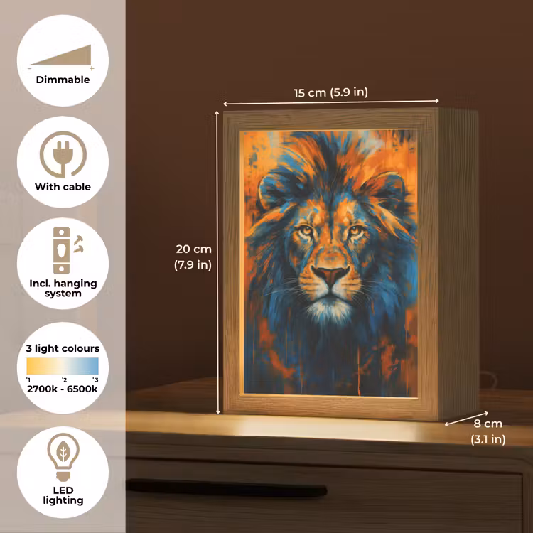 Schilderij - Leeuwenkop - Oranje Light Box met kabel (Tafellamp) klein -USP_EN