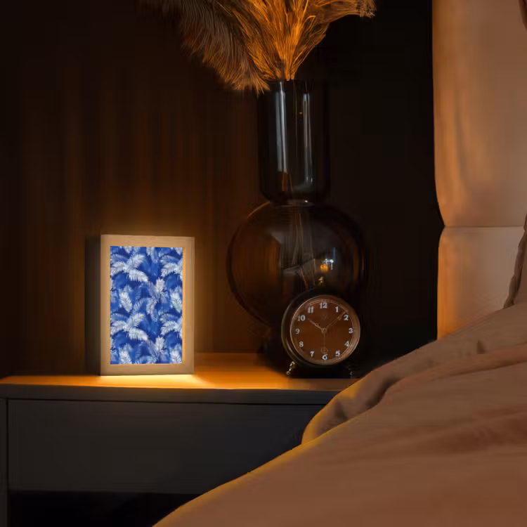 Palmblad - Patroon - Blauw Light Box met kabel (Tafellamp) klein 925 -sfeer1