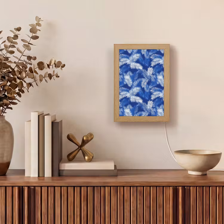 Palmblad - Patroon - Blauw Light Box met kabel (Tafellamp) klein 925 -sfeer2