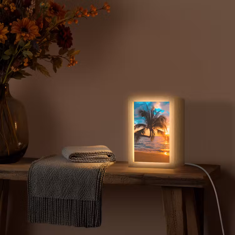 Palm - Zonsondergang - Horizon - Strand - Zee - Tropisch Light Box met kabel (Tafellamp) klein -sfeer4