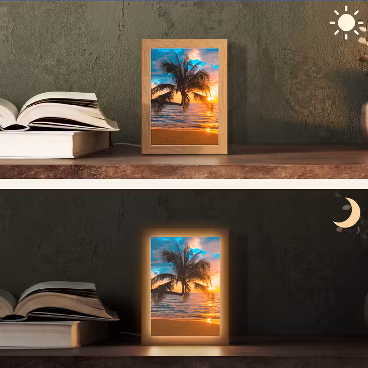 Palm - Zonsondergang - Horizon - Strand - Zee - Tropisch Light Box met kabel (Tafellamp) klein -sfeer3