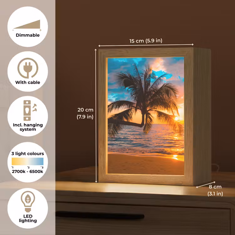 Palm - Zonsondergang - Horizon - Strand - Zee - Tropisch Light Box met kabel (Tafellamp) klein -USP_EN