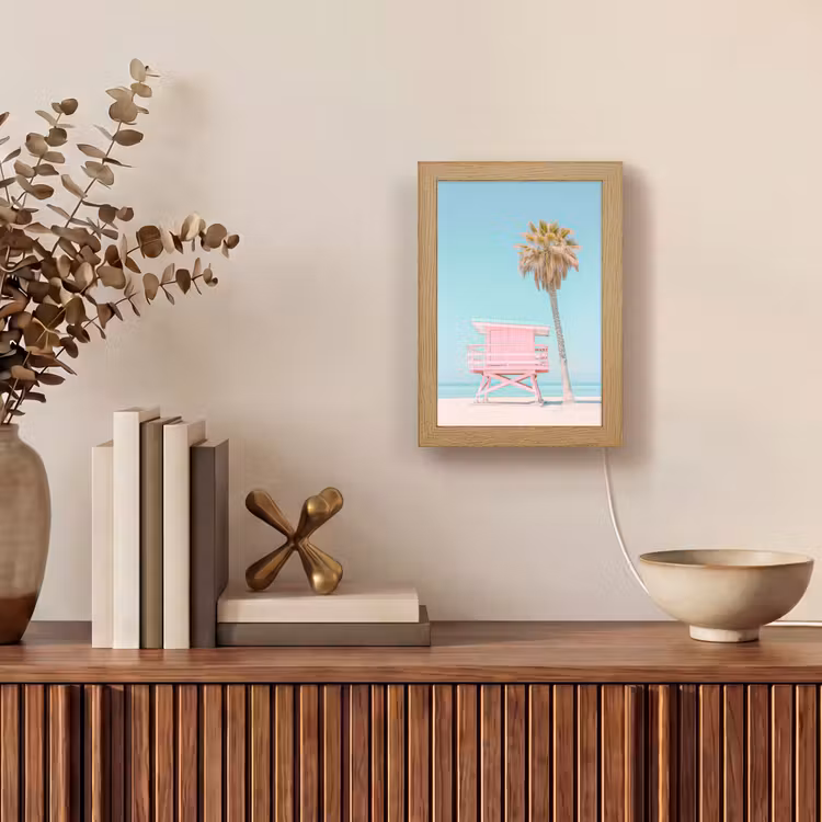 Palmboom - Strandhuis - Roze Light Box met kabel (Tafellamp) klein -sfeer2