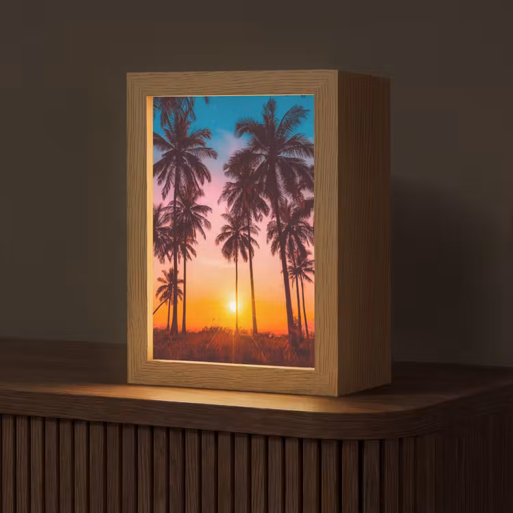 Palmboom - Zonsondergang - Horizon - Strand - Oranje - Roze Light Box met kabel (Tafellamp) klein -z3d_website