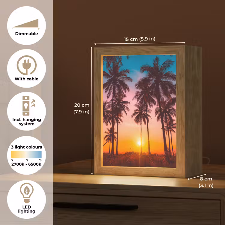 Palmboom - Zonsondergang - Horizon - Strand - Oranje - Roze Light Box met kabel (Tafellamp) klein -USP_EN